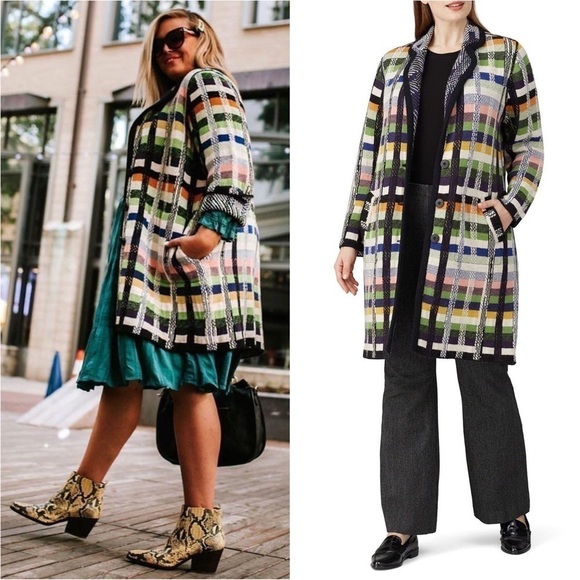 ALDOMARTINS Wool Alpaca Colorblock Plaid Long Maximalist Sweater Blanket Coat S - Picture 4 of 16